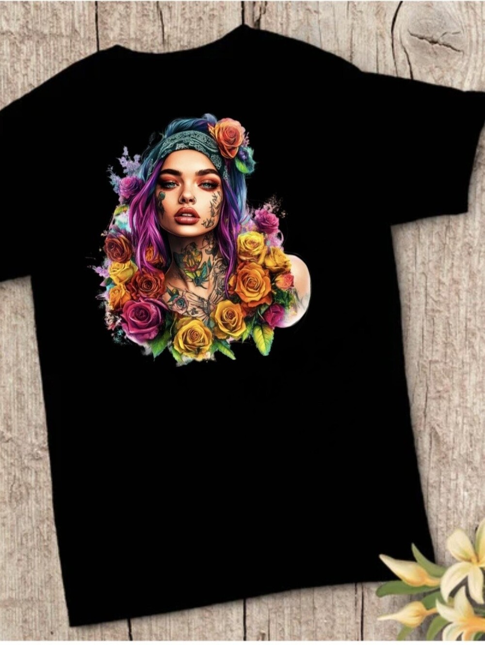 Luxury Custom Tattoo Girl Bandana Roses Black Graphic Tee - M
